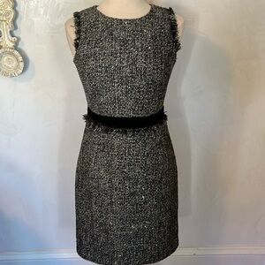 J.Crew Black/White Tweed Sheath Dress w/velvet belt,fringe detail sequins Size 4
